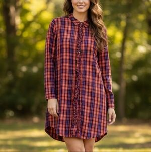 Betsey Johnson intimates purple pink ruffle button up flannel shirt dress L
